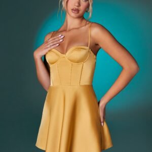 Asymmetric Hem Corset Mini Dress in Gold