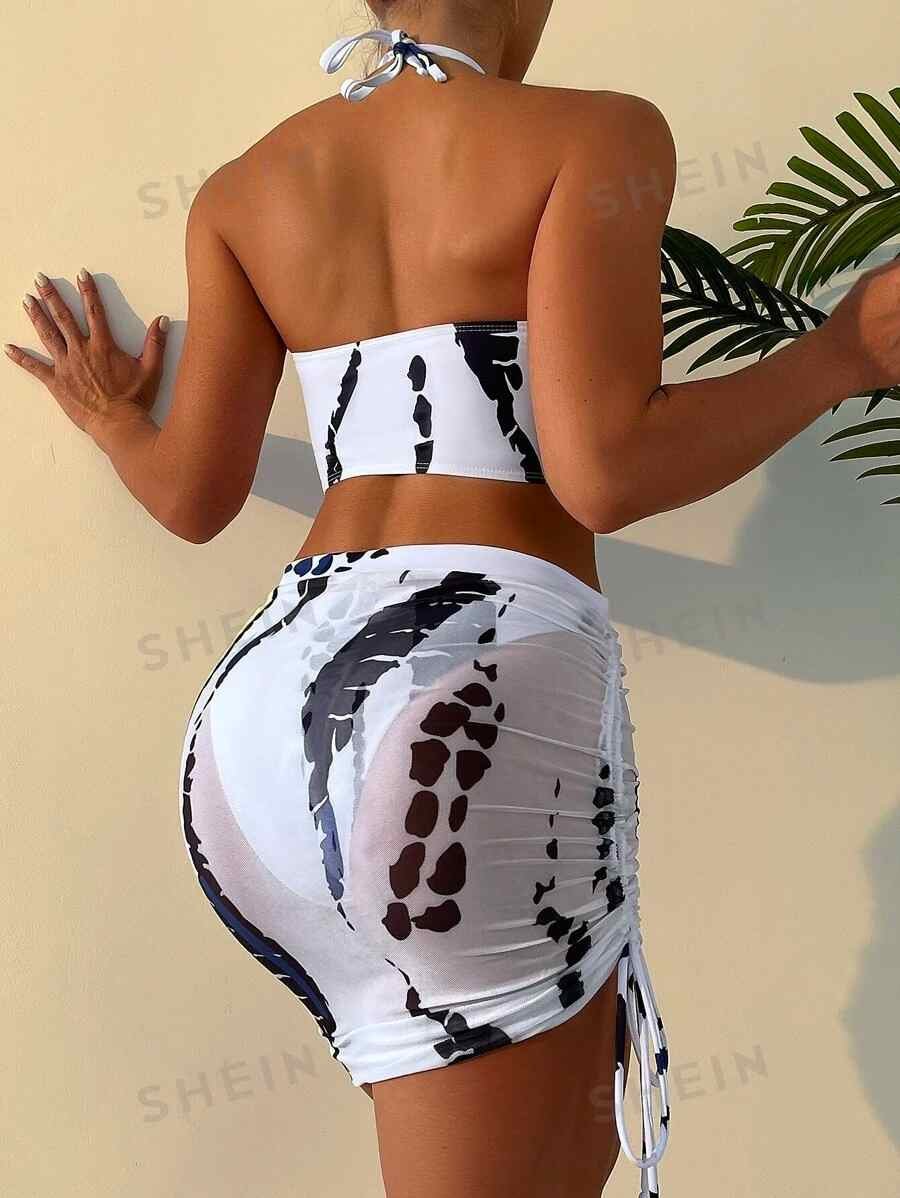 Allover Print Ring Linked Bikini Swimsuit With Beach Skirt - Image 2